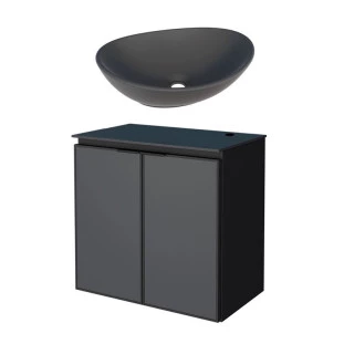 Gabinete Para Banheiro Preto Aço Umbu Tampo Vidro Com Cuba Bali Preta Cozimax 