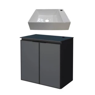 Gabinete Para Banheiro Preto Aço Umbu Tampo Vidro Com Cuba Prisma Base Cozimax 