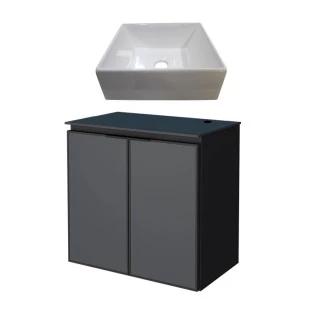 Gabinete Para Banheiro Preto Aço Umbu Tampo Vidro Com Cuba Prisma Cozimax 