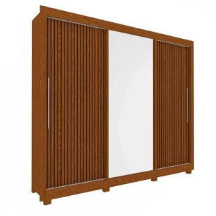 Guarda Roupa Grande Casal 3 Portas Correr 1 Porta de Espelho e Pés 228x226 Royale Gelius Castanho Ripado 3D