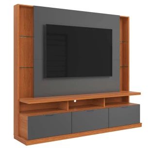 Estante Home Sala 207cm Para TV 70 Pol 3 Portas Bilbao Lukaliam Jequitiba/Cinza Perolizado