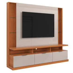 Estante Home Sala 207cm Para TV 70 Pol 3 Portas Bilbao Lukaliam Jequitiba/Off White Perolizado