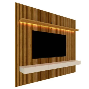 Home Painel Ripado 3D TV 75 Pol  224cm x 250cm Com LED Requinte Gelius Naturale/Off White