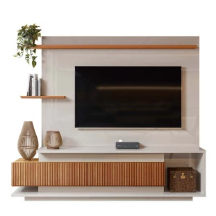Estante Home Sala 210cm Para TV 65 Istambul Lukaliam Off White/Jequitiba Ripado 3D