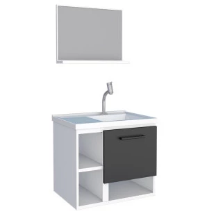 Conjunto Para Banheiro Aço Gabinete e Espelho Lichia 60 Cozimax Branco/Preto