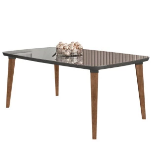 Mesa de Jantar Retrô Tampo Vidro 170x90x78 Pés Trapézio Jade RV Móveis Grafite