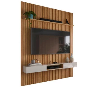Painel Ripado Bali 190cm x 250cm Para TV 75 Com Bancada Bless Lukaliam Freijo/Off White