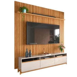 Rack Lion 213 com Painel Ripado Bali 240 TV 75 Polegadas Lukaliam Freijo/Off White