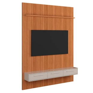 Painel Frisado 191x250cm Oslo Para TV 75 Bancada Bali Lukaliam Jequitiba/Off White