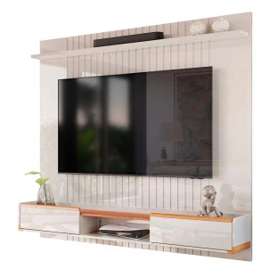 Painel Ripado Suspenso Para TV 70 Polegadas 186cm Atlas Lukaliam Off White Perolizado/Jequitiba