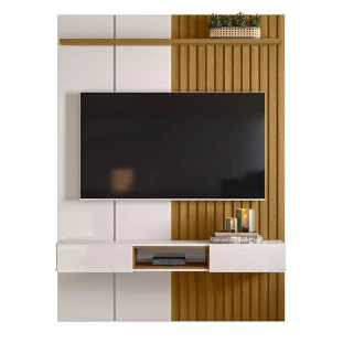 Painel Ripado 153cm Para TV 65 Polegadas Bless 1.6 Lukaliam Off White/Freijo