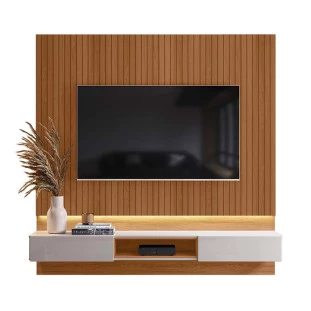 Painel Para TV 70 Polegadas 180cm Com LED Paris Lukaliam Jequitiba Ripado 3D/Off White Perolizado
