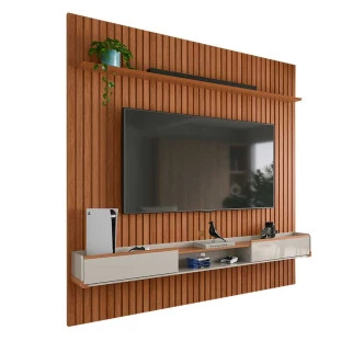 Painel Ripado Bali 234cm x 250cm Para TV 75 Com Bancada Atlas Lukaliam Jequitiba/Off White