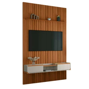 Painel Ripado Bali 150cm x 250cm Para TV 65 Com Bancada Atlas Lukaliam Jequitiba/Off White