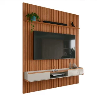 Painel Ripado Bali 190cm x 250cm Para TV 75 Com Bancada Atlas Lukaliam Jequitiba/Off White