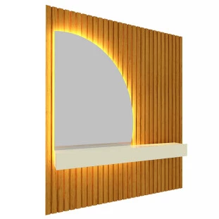 Aparador Penteadeira Ripada 185cm x 250cm Com Espelho e LED Gelius Nobre Naturale/Off White