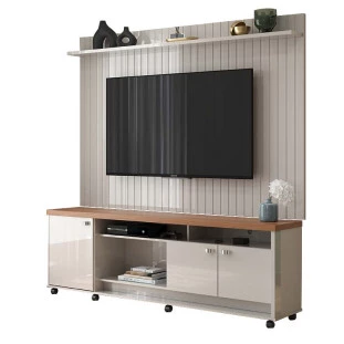 Rack com Painel Frisado 185cm Para TV 75 Dallas Lukaliam Off White/Jequitiba
