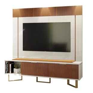 Rack Com Painel Para TV 70 Polegadas Sagary 1.8 EAX Móveis Off White/Tauari Ripado