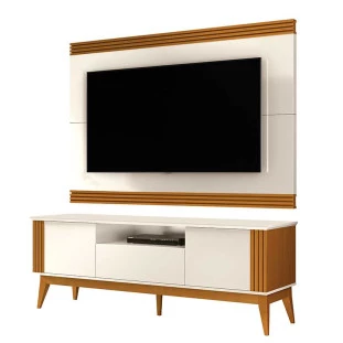Rack Com Painel Ripado Para TV 75 Pol Brunt 1.8 EAX Móveis Off White/Cedro