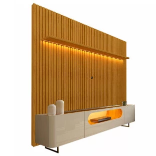 Rack Nobre Pés Ferro Com Painel Ripado Nobre TV 85 Pol 230x250 Gelius Naturale/Off White