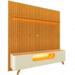 Rack Nobre Pés Madeira Com Painel Ripado Nobre TV 85 Pol 230x250 Gelius Naturale/Off White