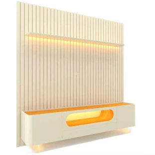 Rack Nobre Pés Vidro Com Painel Ripado Nobre TV 85 Pol 230x250 Gelius Off White