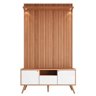 Rack Com Painel 136cm Para TV 55 Polegadas River 1.36 Lukaliam Off White/Jequitiba Ripado 3D