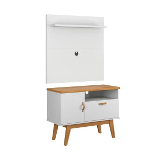 Rack com Painel Pequeno 90cm Quarto Sala Para TV 32 Sirius Patrimar Branco Cinamomo/Branco