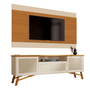 Rack Com Painel 1.8 Com Rattan TV 58 Pol Dante EAX Móveis Off White/Cedro