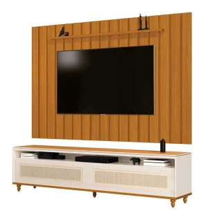 Rack Com Painel Ripado 218cm Para TV 75 Polegadas Hannover Brise 2.2 EDN Off White/Cedro