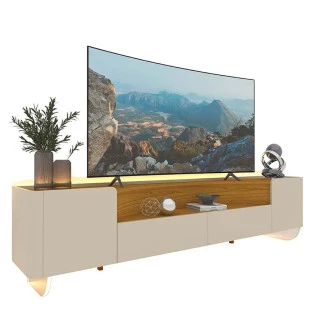 Rack Para TV Até 85 Polegadas Com LED 230cm Pés de Vidro Infinity Gelius Off White/Naturale