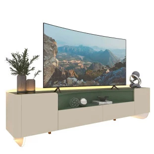 Rack Para TV Até 85 Polegadas Com LED 230cm Pés de Vidro Infinity Gelius Off White/Verde Floresta