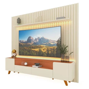 Rack Infinity Pés Madeira Com Painel Ripado Nobre TV 85 Pol 230x250 Gelius Off White/Terracota