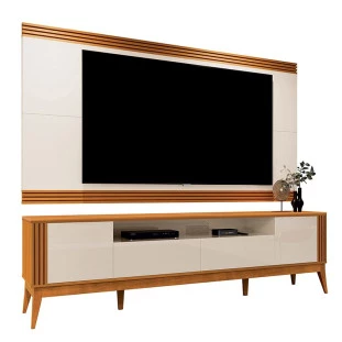 Rack Com Painel Ripado Para TV 75 Polegadas Brunt 220cm EAX Móveis Cedro/Off White