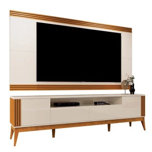 Rack Com Painel Ripado Para TV 75 Polegadas Brunt 220cm EAX Móveis Off White/Cedro