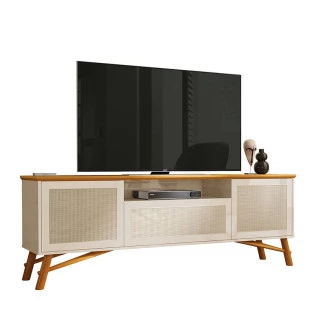 Rack Para Sala 180cm Com Rattan TV 75 Polegadas Dante EAX Móveis Off White/Cedro