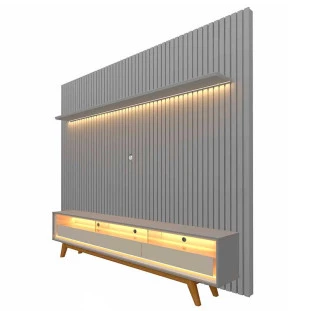Rack Requinte Pés Madeira com Painel Ripado Nobre 230cm LED TV 85 Polegadas Gelius Cinza/Off White