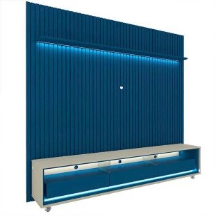 Rack Requinte Pés Rodízios com Painel Ripado Nobre 230cm LED TV 85 Polegadas Gelius Azul/Off White