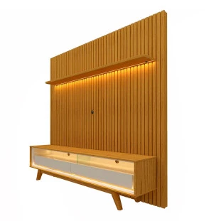 Rack Requinte Pés Madeira com Painel Ripado Nobre 184cm TV 75 Polegadas Com LED Gelius Naturale/Off White