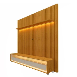 Rack Requinte Rodízios com Painel Ripado Nobre 184cm TV 75 Polegadas Com LED Gelius Naturale/Off White