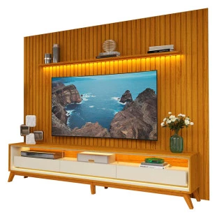 Rack Requinte 260 Pés Madeira com Painel Ripado Nobre LED 275cm TV 85 Polegadas Gelius Naturale/Off White