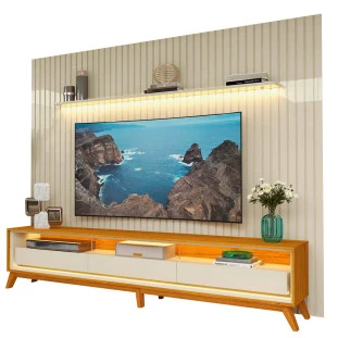 Rack Requinte 260 Pés Madeira com Painel Ripado Nobre LED 275cm TV 85 Polegadas Gelius Off White/Naturale