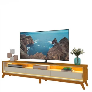 Rack Com LED Pra TV 85 Polegadas 260cm Requinte Pés de Madeira Gelius Naturale/Off White