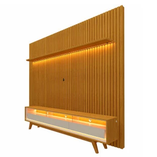 Rack Requinte Pés Madeira com Painel Ripado Nobre 230cm LED TV 85 Polegadas Gelius Naturale/Off White