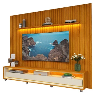Rack Requinte 260 Pés Rodízios com Painel Ripado Nobre LED 275cm TV 85 Polegadas Gelius Naturale/Off White
