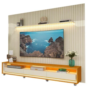 Rack Requinte 260 Pés Rodízios com Painel Ripado Nobre LED 275cm TV 85 Polegadas Gelius Off White/Naturale