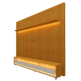 Rack Requinte Pés Rodízios com Painel Ripado Nobre 230cm LED TV 85 Polegadas Gelius Naturale/Off White