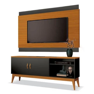 Rack Com Painel 160cm Para TV 60 Polegadas Gara EAX Móveis Preto/Cedro