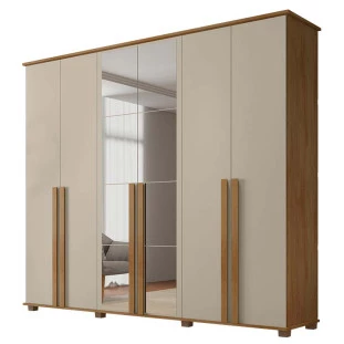 Guarda Roupa Casal 263cm 6 Portas Com Espelho Amsterdã RV Móveis Cinamomo/Off White