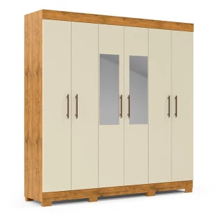 Guarda Roupa 6 Portas Com Espelho 3 Gavetas 200cm Madri Gelius Madeirado/Off White